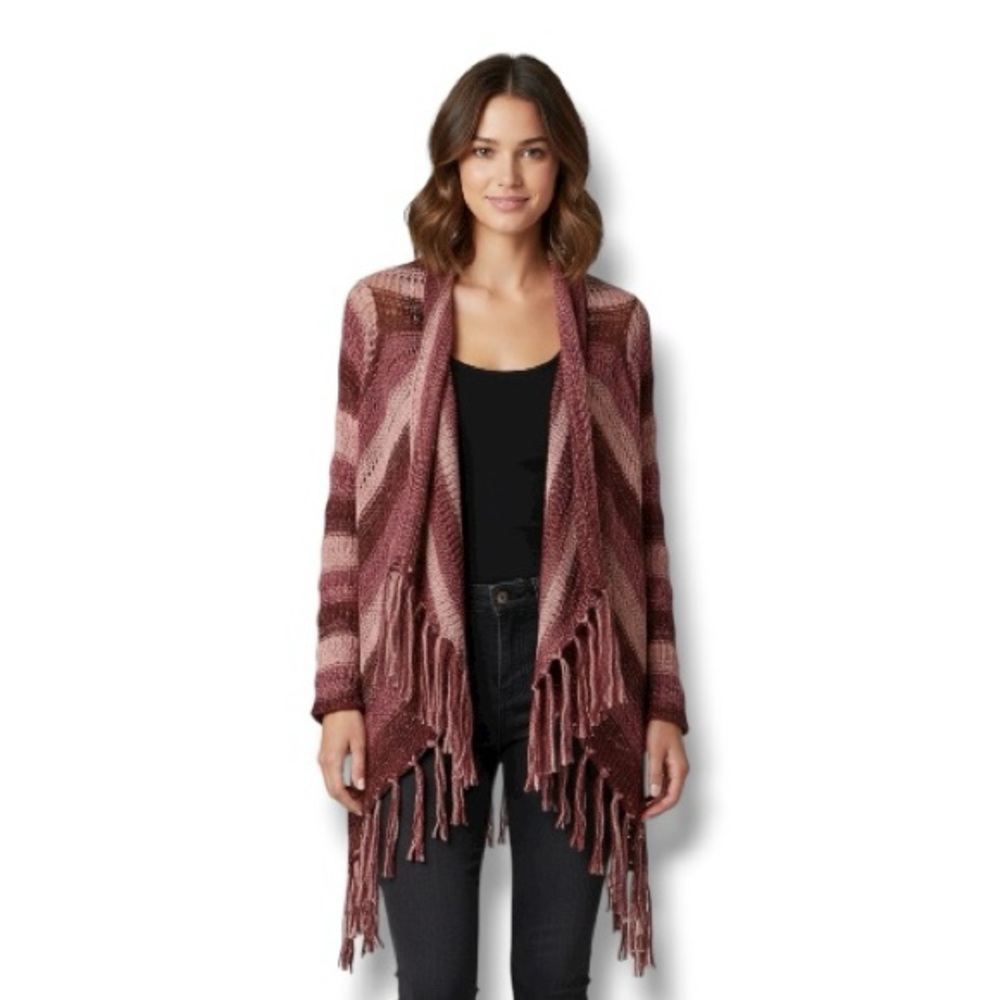 Daytrip Boho Stripes Fringe Knit Cardigan OS Burgundy Mauve Open Front Drape